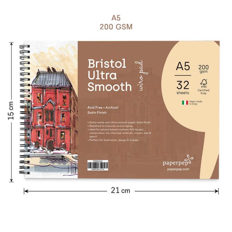 PaperPep Artists' Bristol Ultra Smooth Wiro Pads 200GSM A5 32 Sheets