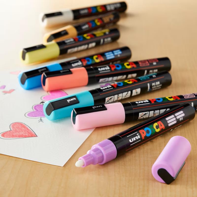uni-ball POSCA 5M 1.8-2.5 mm Bullet Shaped Soft Color Markers, Multicolour Ink, Set of 8