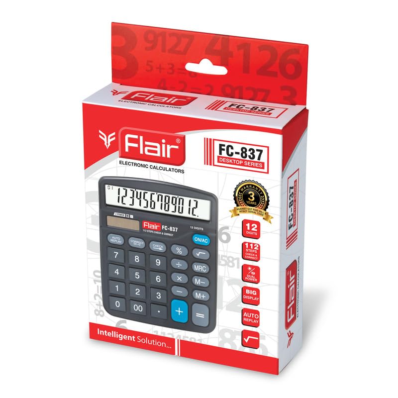 Flair FC-837 Desktop Series Electronic Calculator, Black, Pack of 1