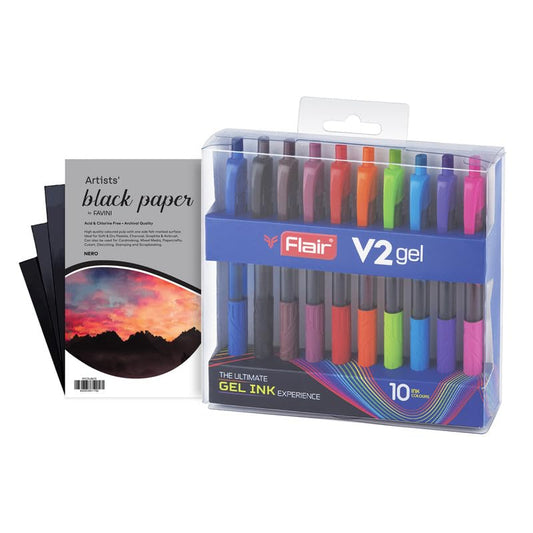 Flair V2 0.7mm Gel Pen With 6x6 Colorissimi Paper Combo Pack,Nero,Black
