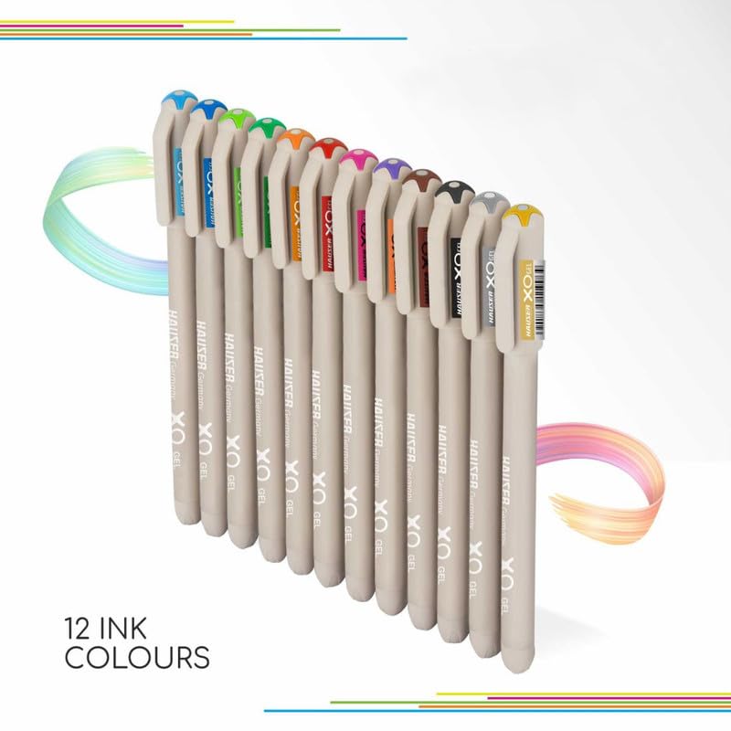 Hauser XO Multicolor Gel Pen with Hard Box Case, 12 Bright Ink Colors Pack, Set of 1