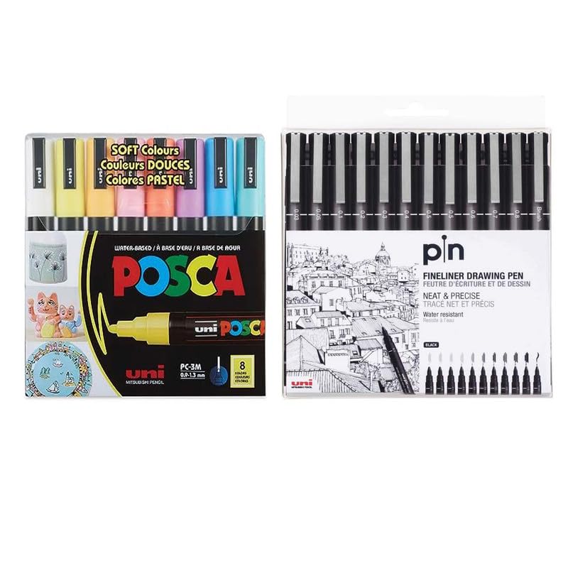 uni-ball PIN-200 0.03-0.8mm Fineliner with Posca 3M 0.9-1.3 mm Soft Color Markers Combo Pack