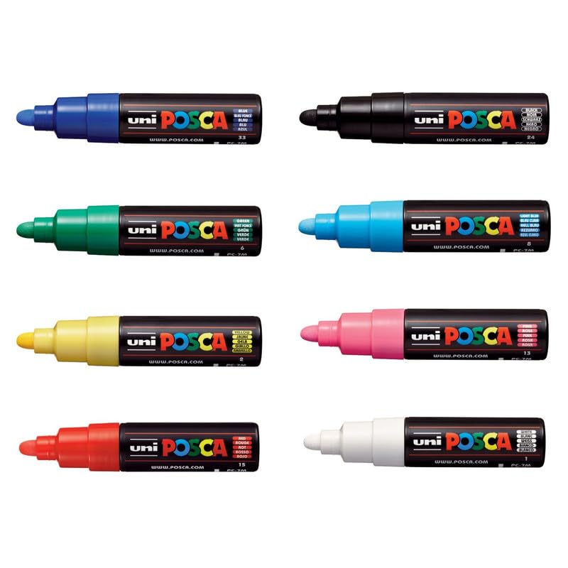 uni-ball Posca 7M 4.5-5.5 mm Broad Bullet Shaped Marker Pen, Red, Blue, Green, Yellow, Black, Light Blue, Pink & White Ink, Pack of 8