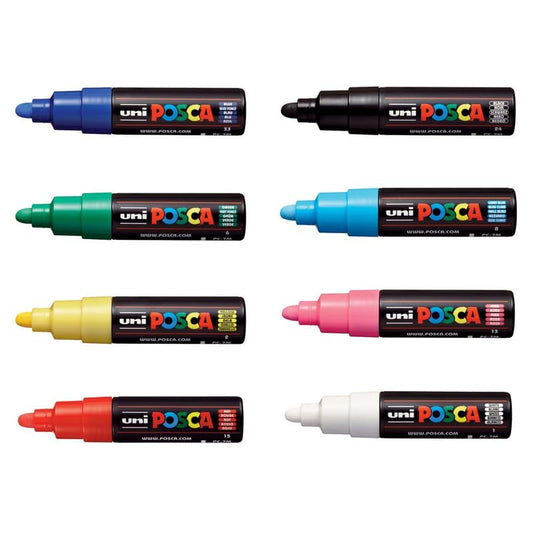 uni-ball Posca 7M 4.5-5.5 mm Broad Bullet Shaped Marker Pen, Red, Blue, Green, Yellow, Black, Light Blue, Pink & White Ink, Pack of 8
