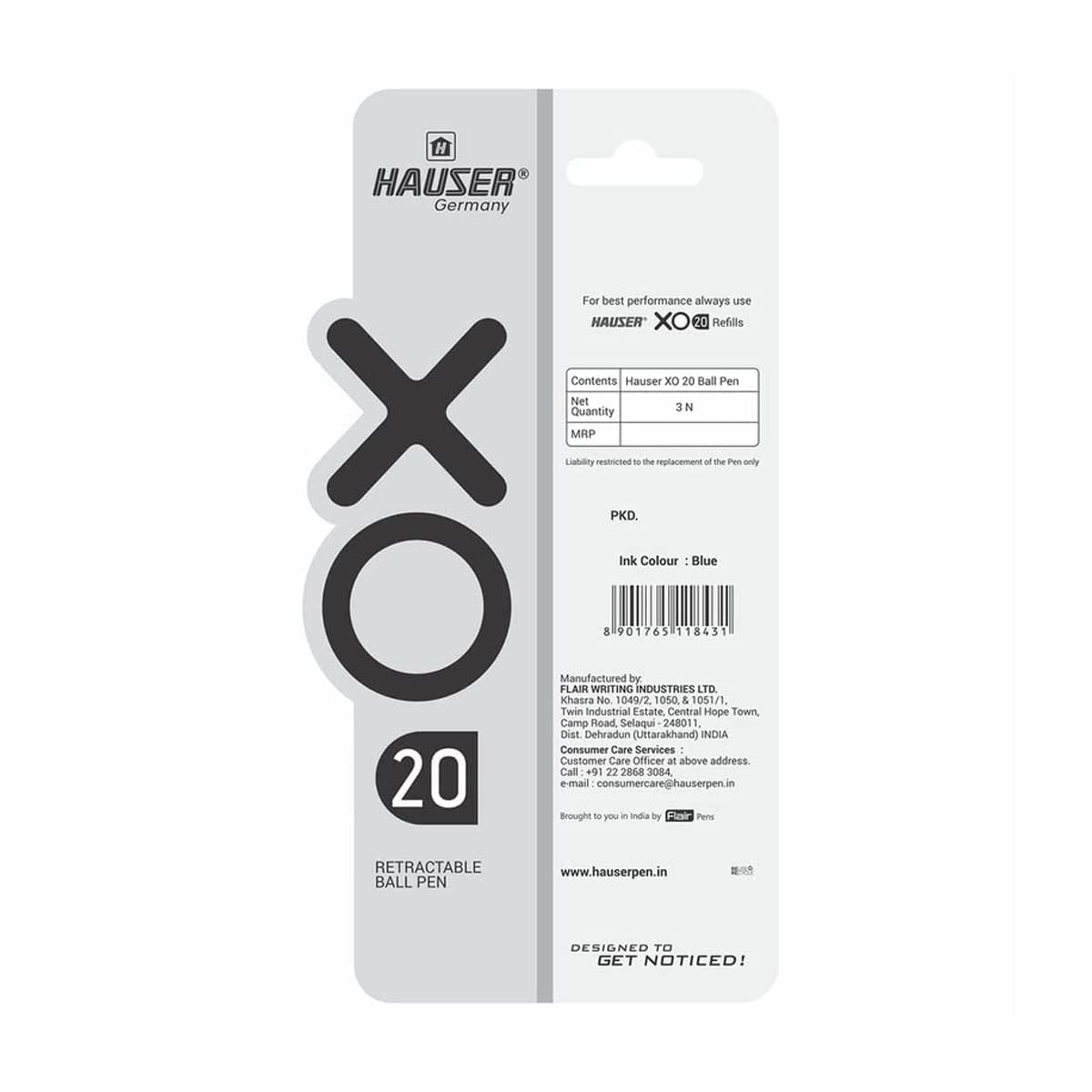 Hauser XO 20 0.7 mm Retractable Ball Pen, Blister Pack, Blue Ink, Set of 3