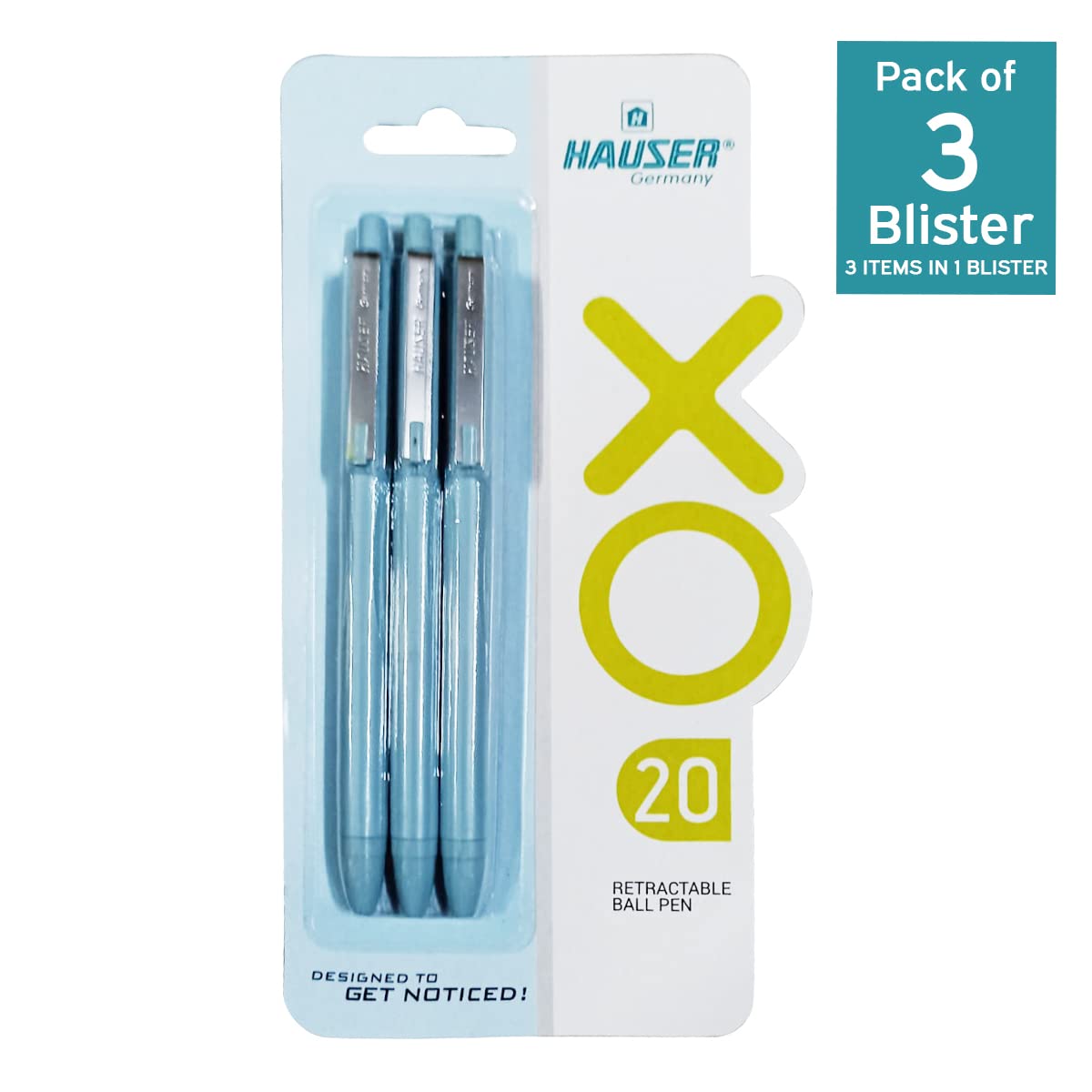 Hauser XO 20 0.7 mm Retractable Ball Pen, Blister Pack, Blue Ink, Set of 3
