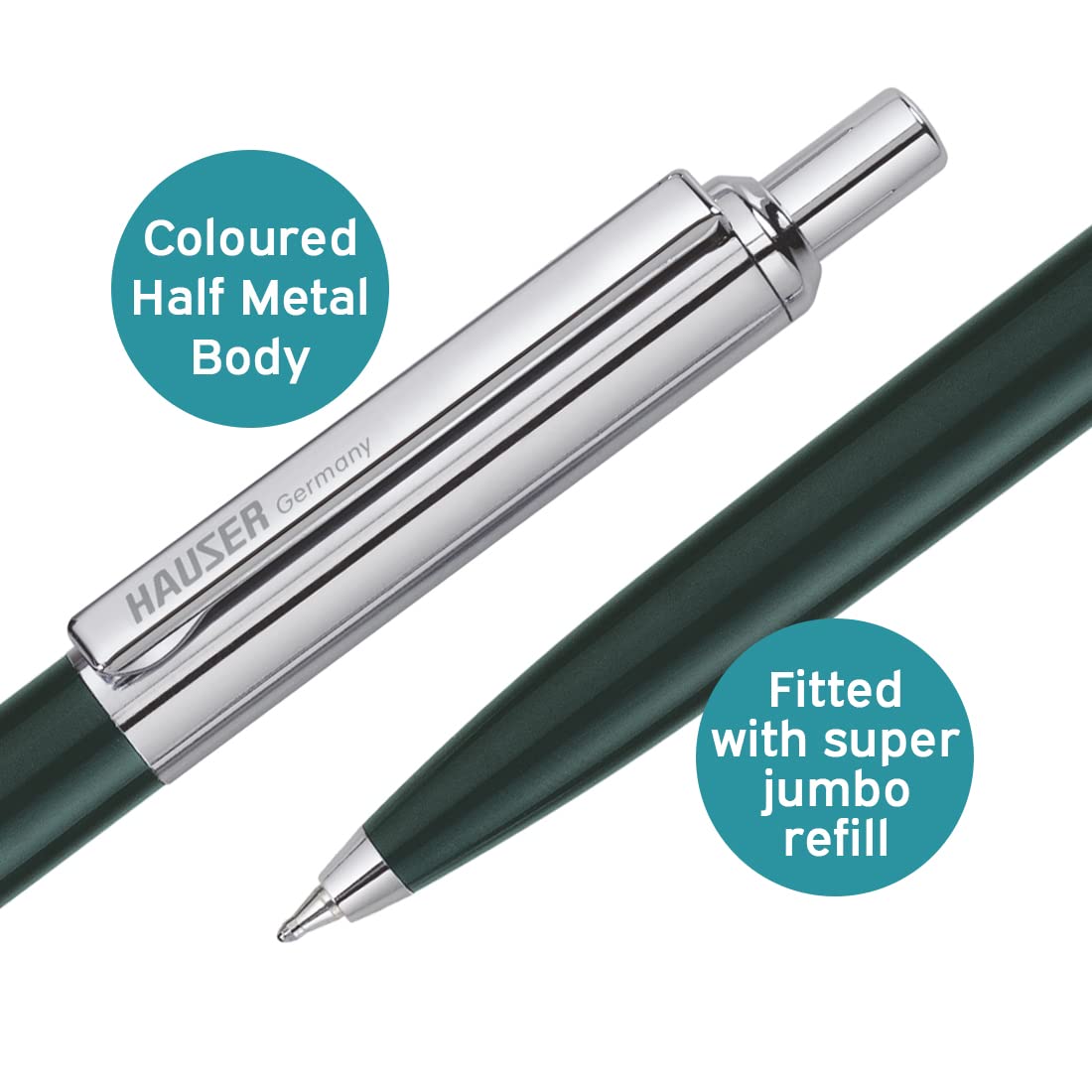 Hauser Berlin Retractable Half Metal Ball Pen, Blue Ink, Pack of 2