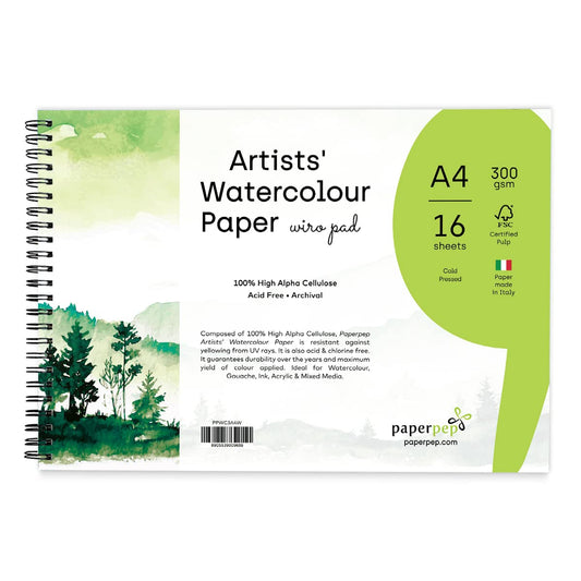 PaperPep Artists' Watercolour Wiro Pads 300GSM Cold Pressed A4 16 Sheets