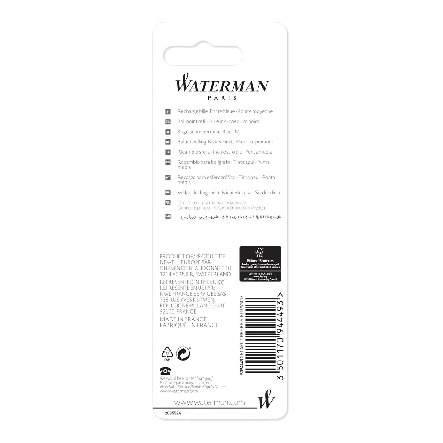 Waterman Ball Pen Refill, Blue Ink, Medium Nib, Pack of 1