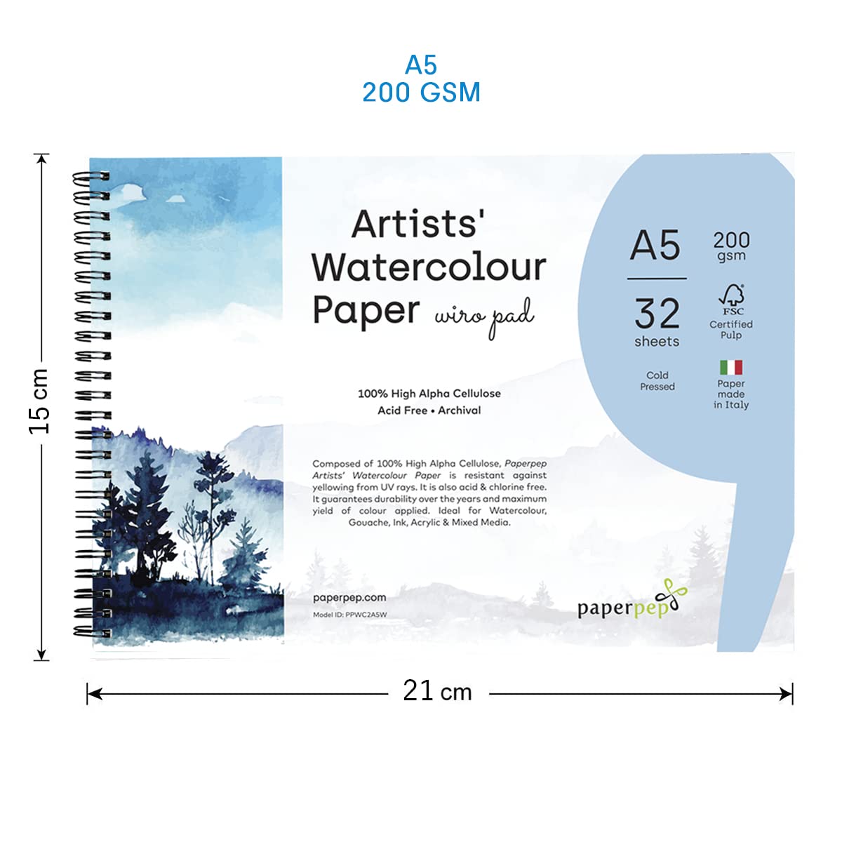 PaperPep Artists' Watercolour Wiro Pads 200GSM Cold Pressed A5 32 Sheets