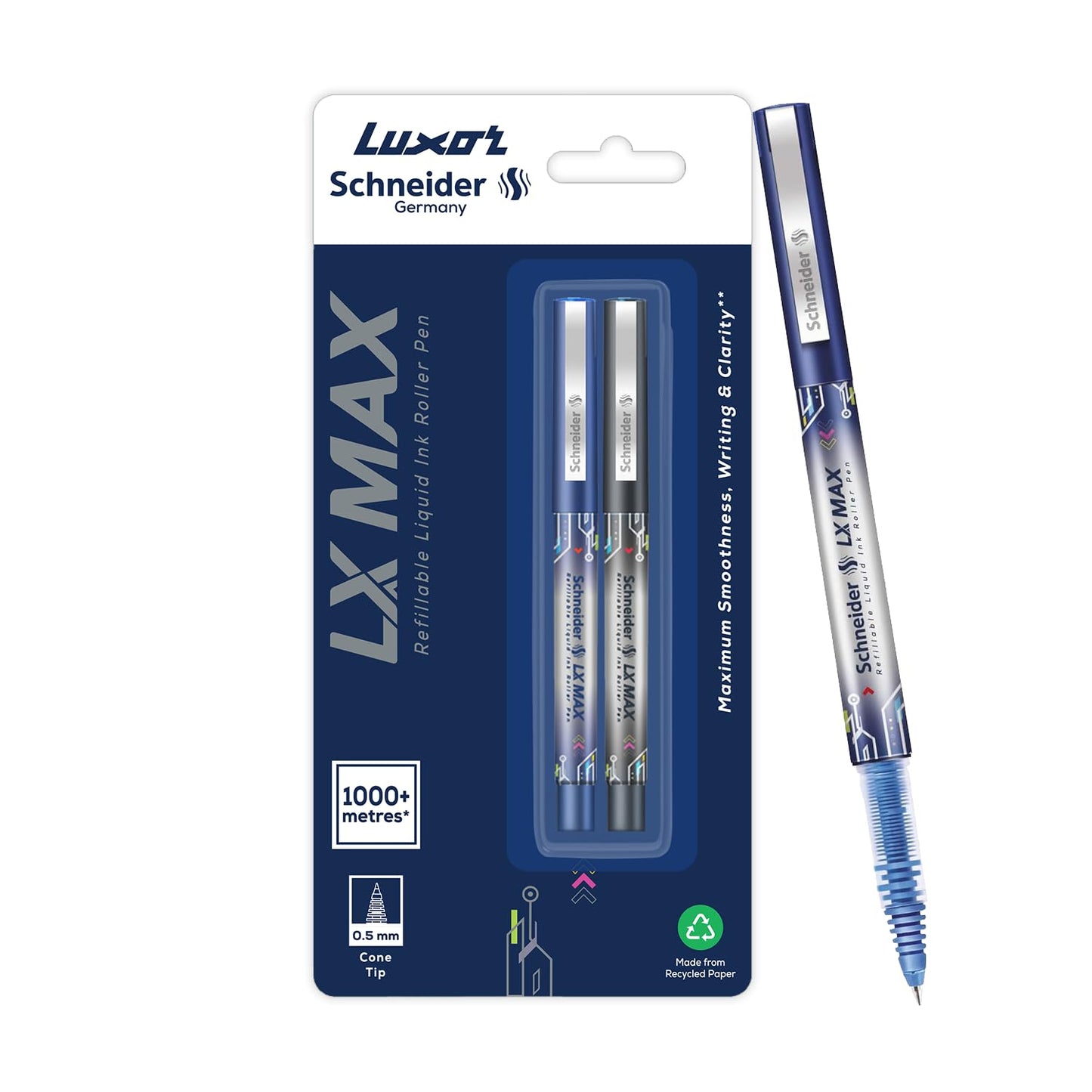 Luxor Schneider LX MAX Roller Ball Pen, Pack of 2-Blue+Black, Cone Tip, 0.5mm, Set of 1