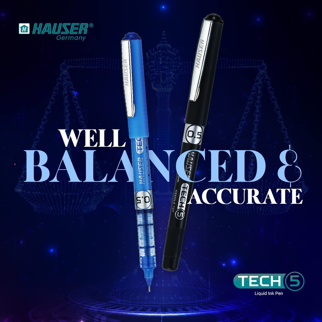 Hauser Tech 5 0.55 mm Gel Pen, Blue Ink, Pack of 3