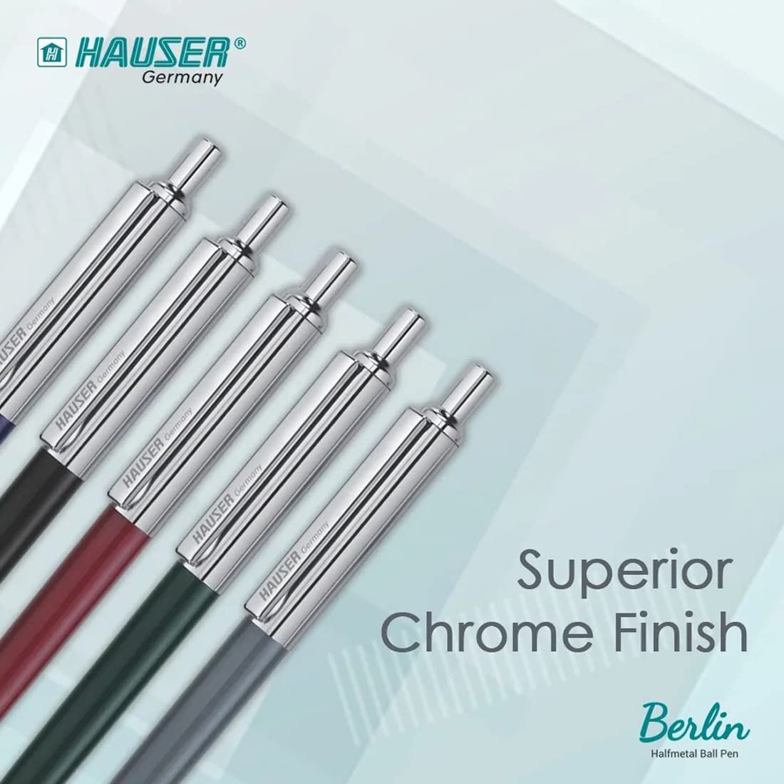 Hauser Berlin Retractable Half Metal Ball Pen, Blue Ink, Pack of 2