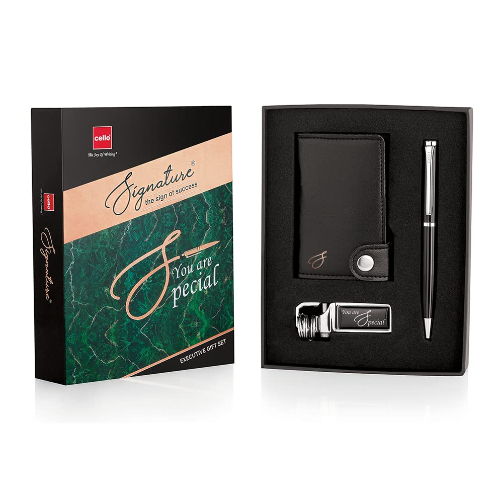 Cello Signature Series Ethos Executive Gift Set , Keychain, RFID Card Holder & Metallic Ball Pen, Blue ink, Pack of 1