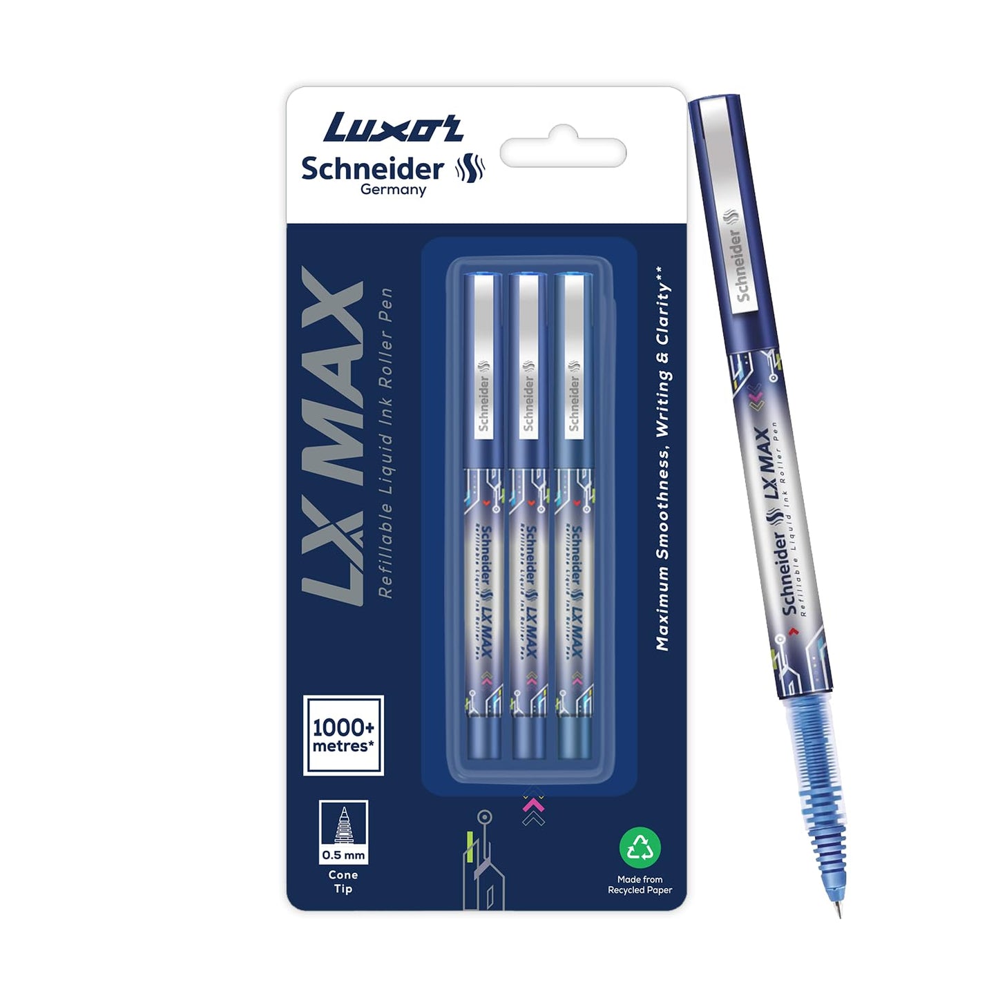 Luxor Schneider LX MAX Roller Ball Pen, Pack of 3-Blue-Cone Tip, 0.5mm, Set of 1
