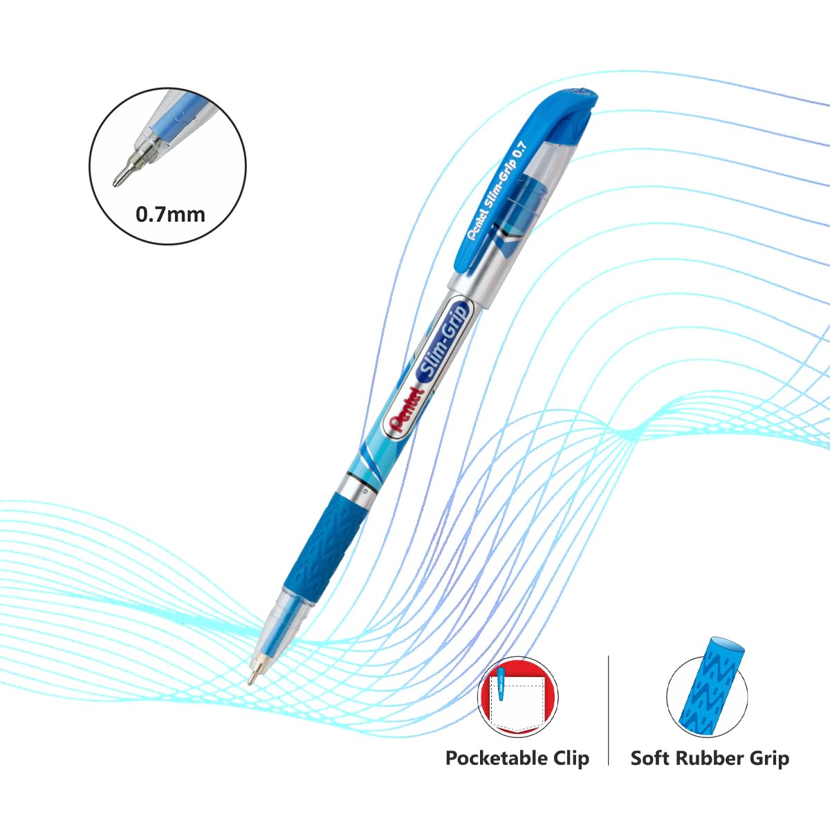 Pentel 0.7 mm Slim Grip Ball Pen, Blue Ink, Set of 10