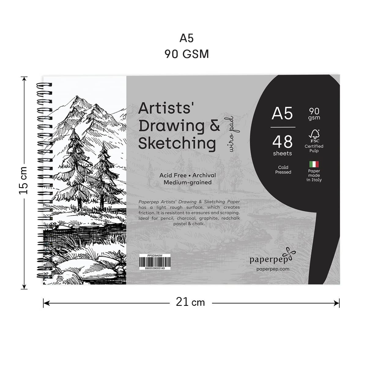 PaperPep Artists' Sketching & Drawing Wiro Pads 90GSM A5 Pack of 48