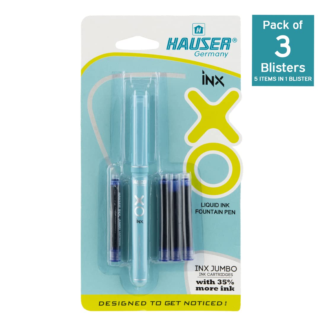 Hauser Inx XO Liquid Ink Fountain Pen Blister Pack, Blue Ink, Pack of 3