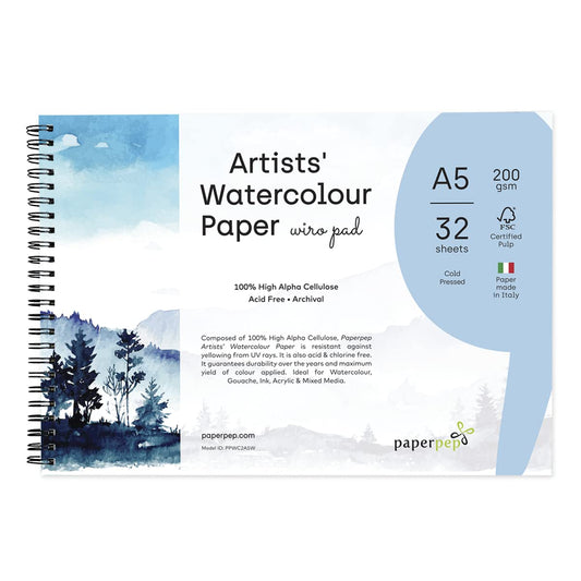 PaperPep Artists' Watercolour Wiro Pads 200GSM Cold Pressed A5 32 Sheets
