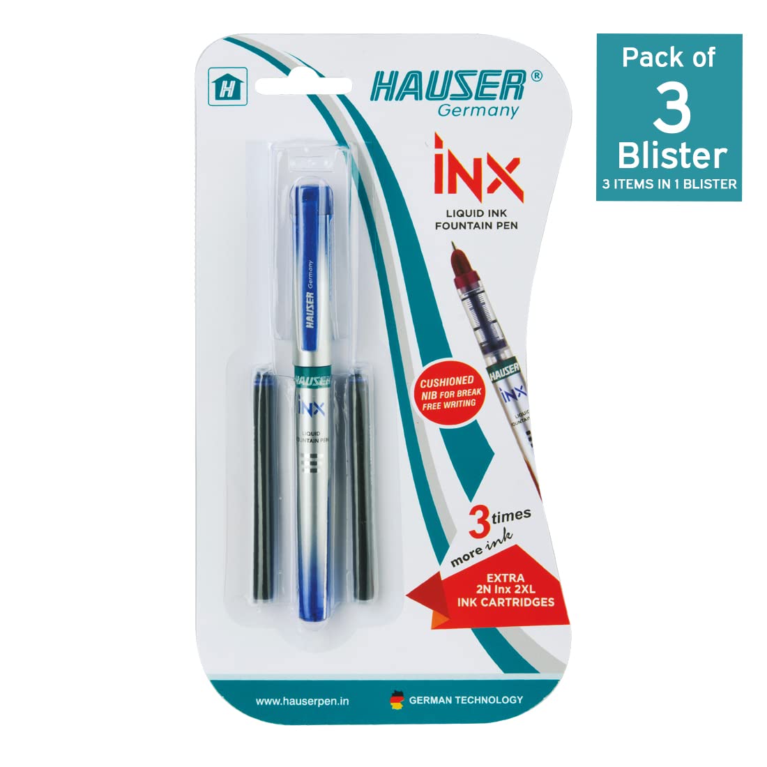 Hauser Inx Liquid Ink Fountain Pen, Blue Ink, Pack of 3