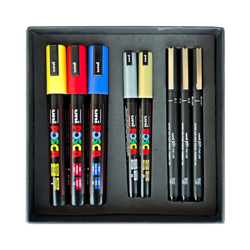 Uni-Ball Posca & Pin Art Set, Combo Pack of POSCA 1MR, 5M Markers & PIN-200 Fineliners, Set of 3 Black Pigment Drawing Pen & 5 Multicolor Markers