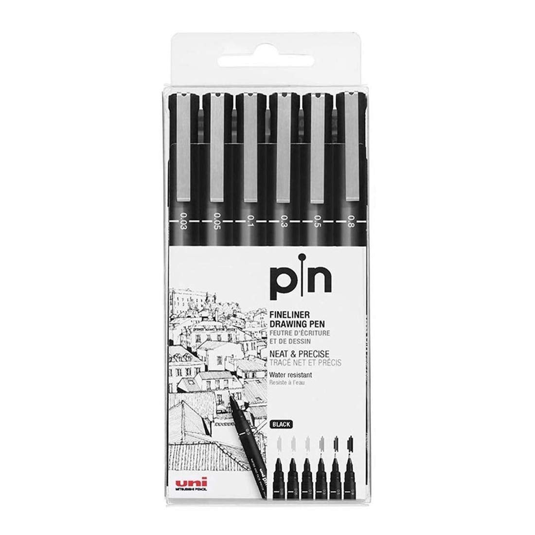 uni-ball PIN-200 0.03-0.8mm With Brush Fineliner Drawing Pen, Black Ink, Pack of 6