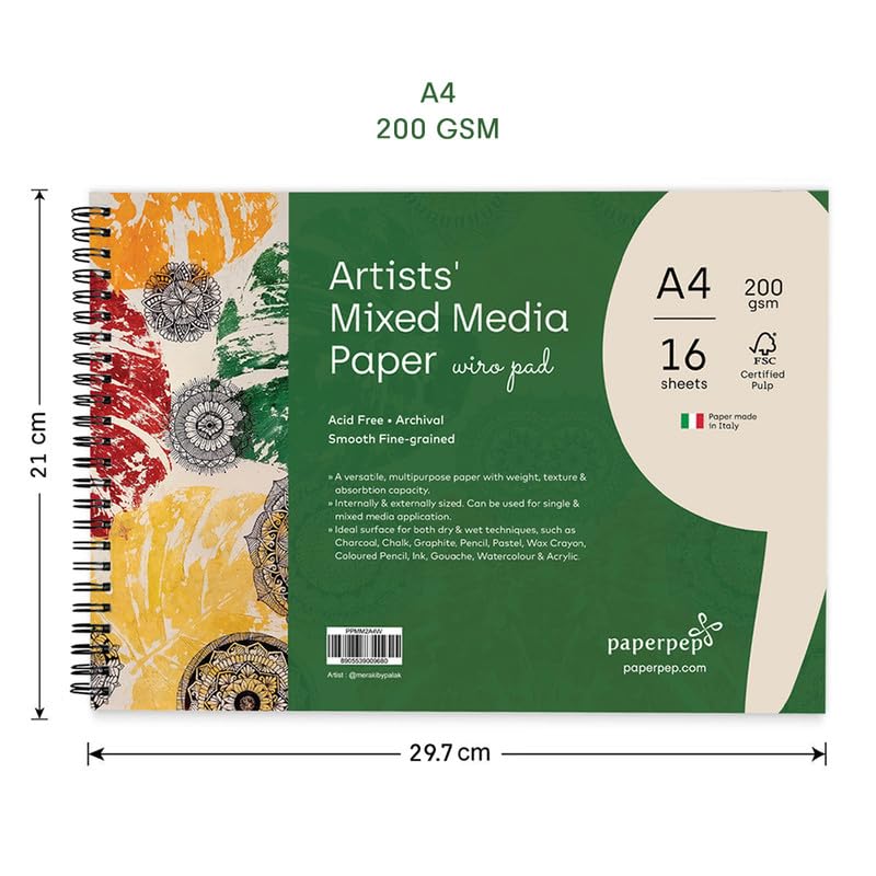 PaperPep Artists Mixed Media Wiro Pads 200GSM A4 16 Sheets
