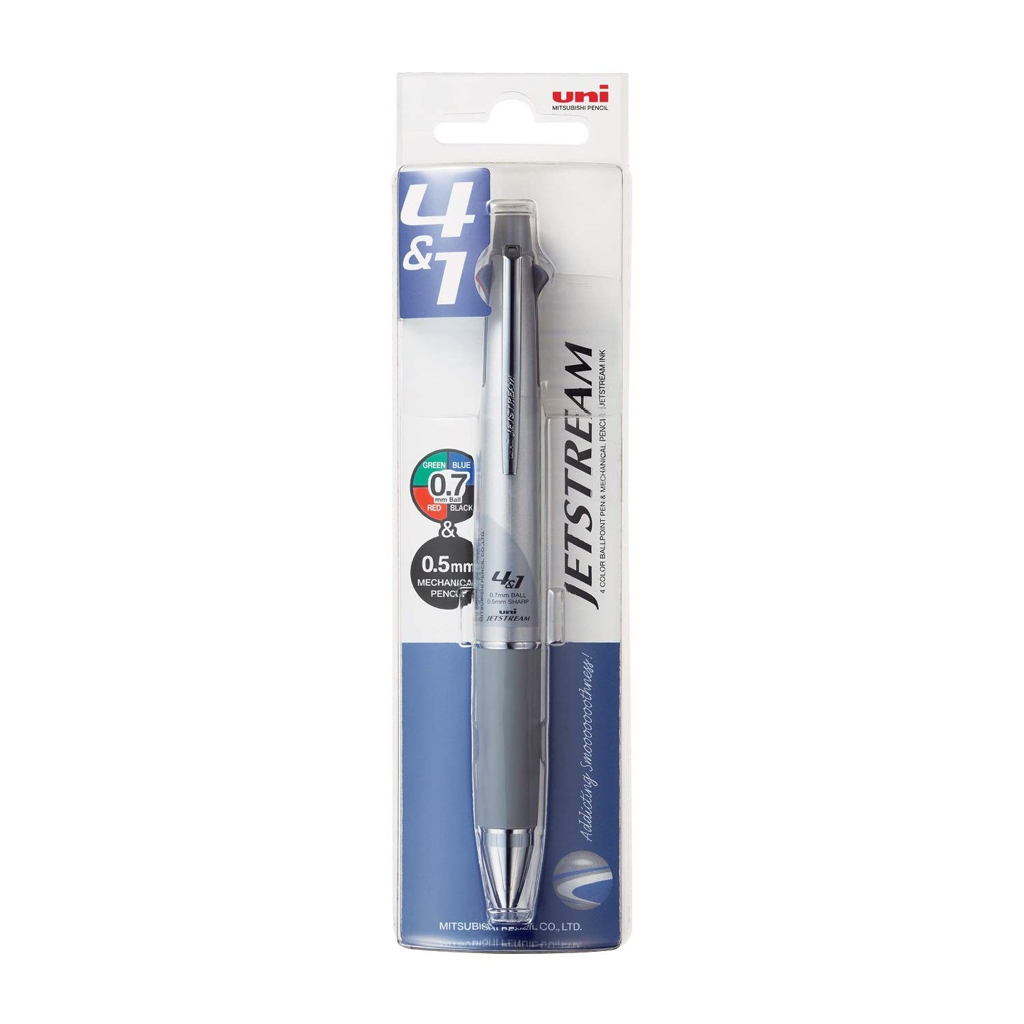 uni-ball Jetstream MSXES-1000 0.7mm Ball Pen & 0.5mm Mechanical Pencil, Multicolor Ink, Silver Body, Pack of 1
