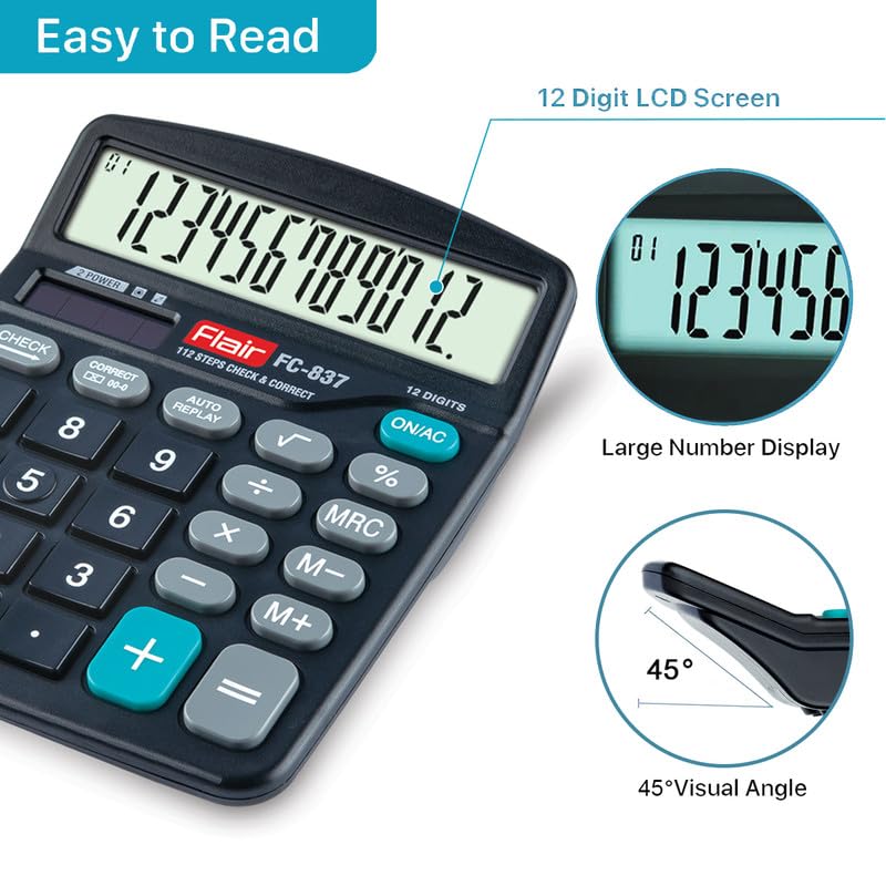 Flair FC-837 Desktop Series Electronic Calculator, Black, Pack of 1