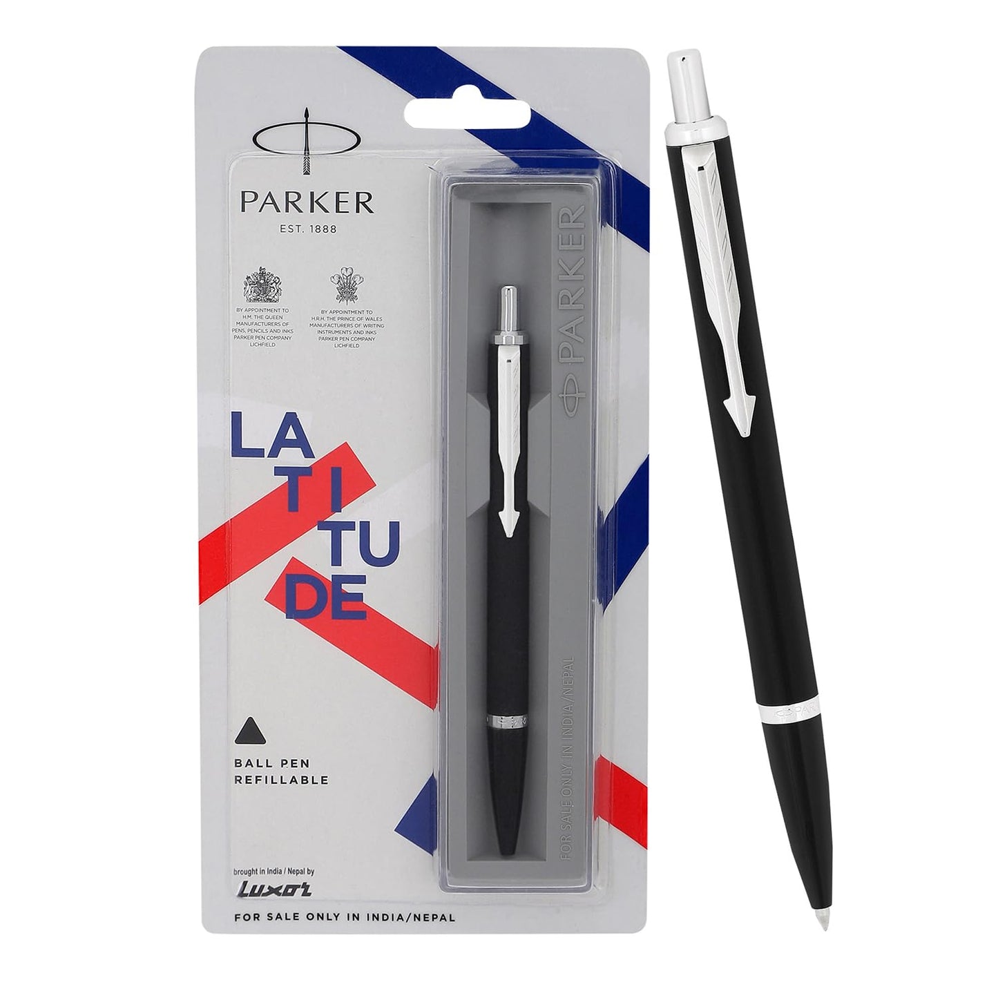 Parker Latitude Matte Black Chrome Trim Ball Pen, Blue Ink, Pock of 1