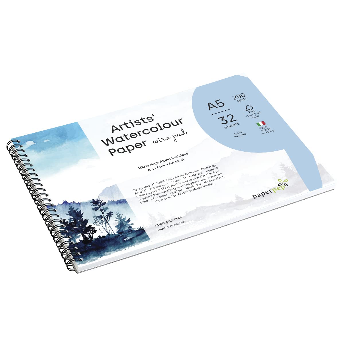 PaperPep Artists' Watercolour Wiro Pads 200GSM Cold Pressed A5 32 Sheets