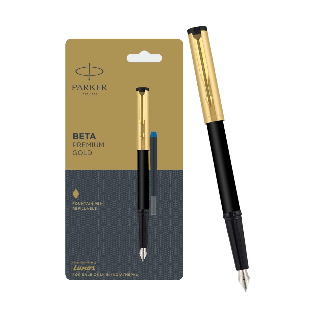 Parker Beta Premium Gold Trim Fountain Pen with 1 Ink Cartridge, Ink Color - Blue, Pack of 1