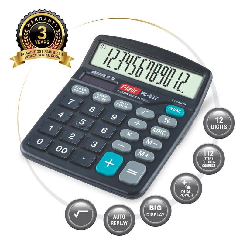 Flair FC-837 Desktop Series Electronic Calculator, Black, Pack of 1