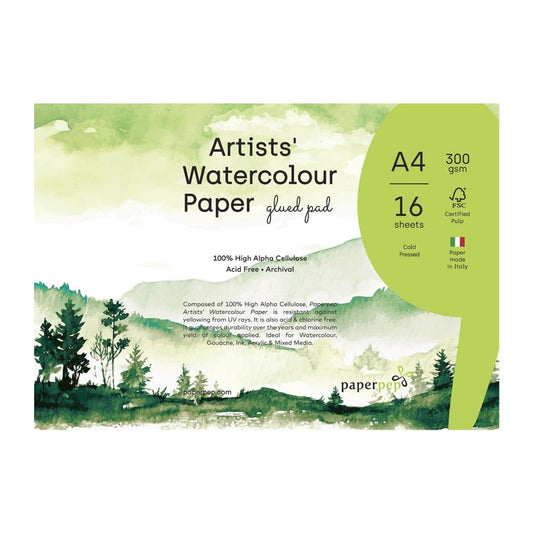 PaperPep Artists' Watercolour Glued Pads 300GSM Cold Pressed A4 16 Sheets