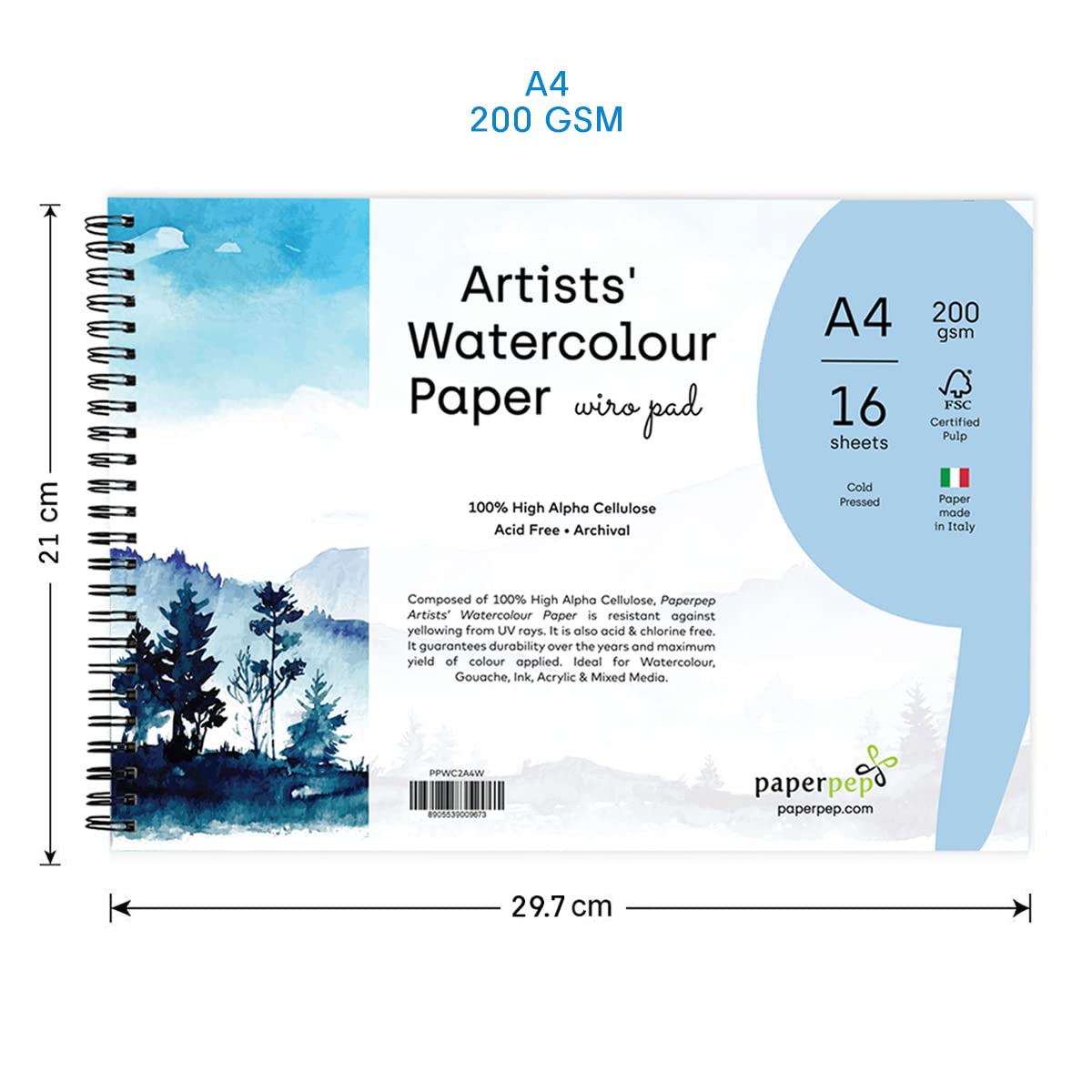 PaperPep Artists' Watercolour Wiro Pads 200GSM Cold Pressed A4 16 Sheets