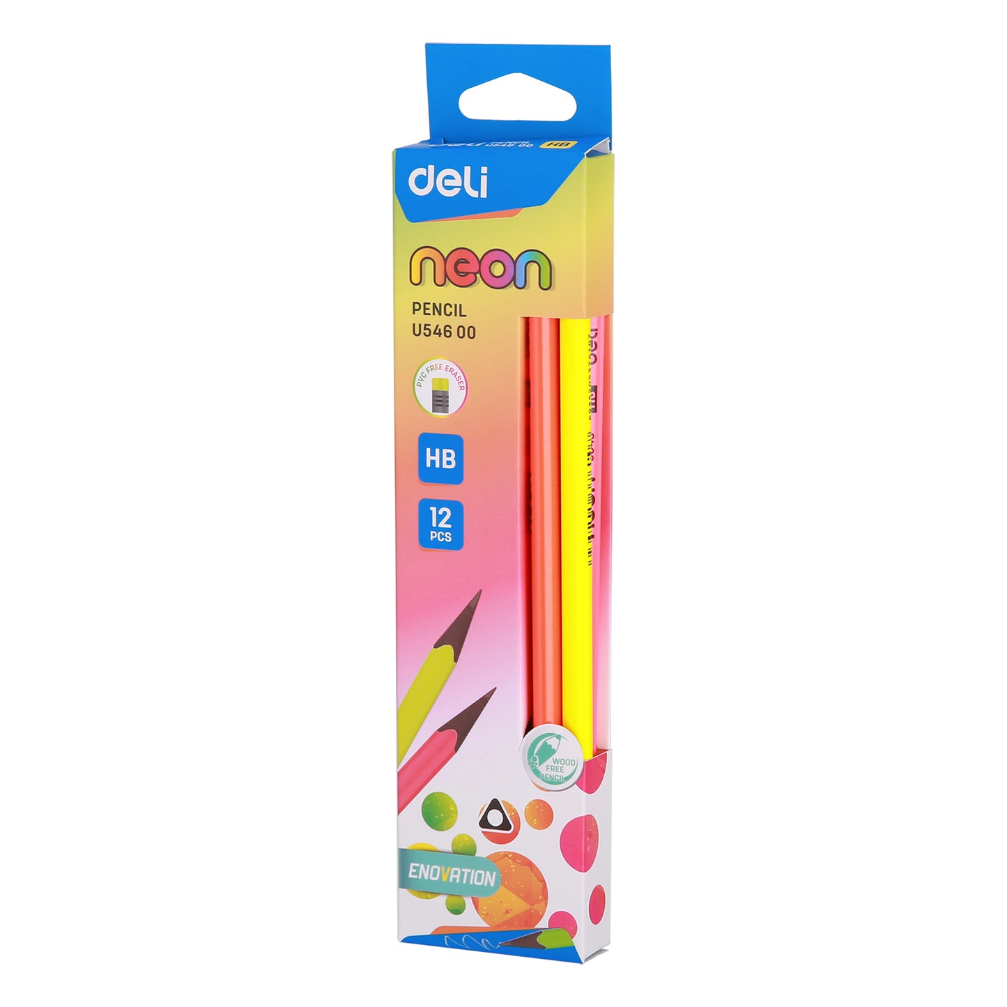 Deli WU54600 Neon Series Pre-Sharpened, Wood-Free, HB Pencils with Eraser (12 Pcs)