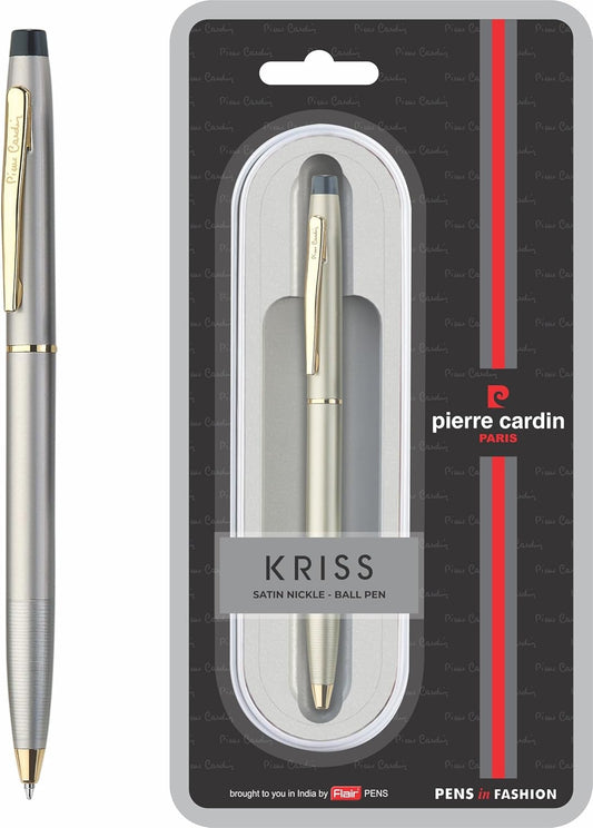 Pierre Cardin Kriss Satin & Nickle Finish Exclusive Metal Ball Pen, Blue Ink, Pack of 1