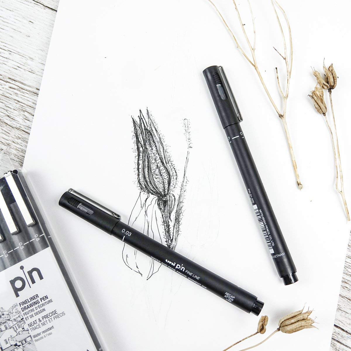 uni-ball PIN-200 0.03-0.8mm With Brush Fineliner Drawing Pen, Black Ink, Pack of 6