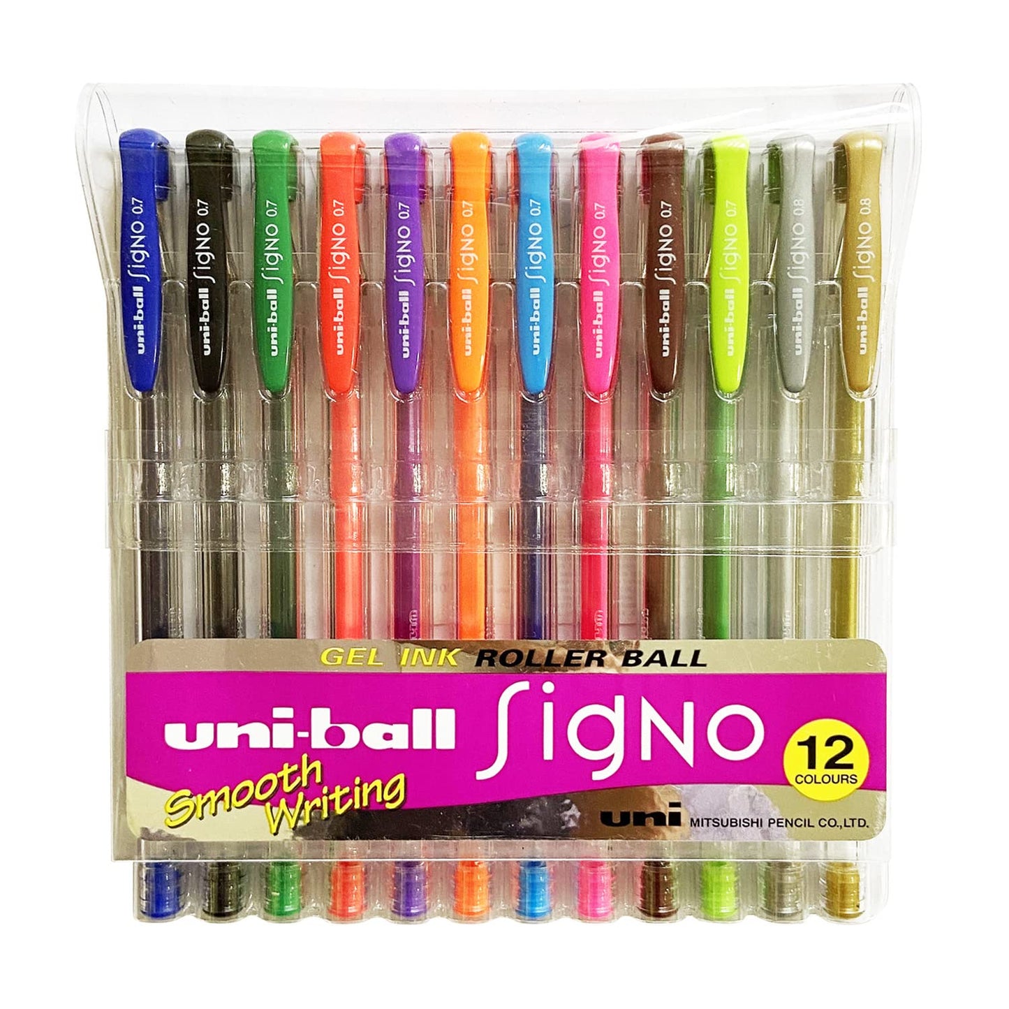 uni-ball Signo UM-100 0.7mm-0.8mm Gel Pen, Transparent Body, Multicolour Ink, Pack of 12