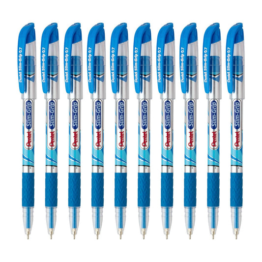 Pentel 0.7 mm Slim Grip Ball Pen, Blue Ink, Set of 10