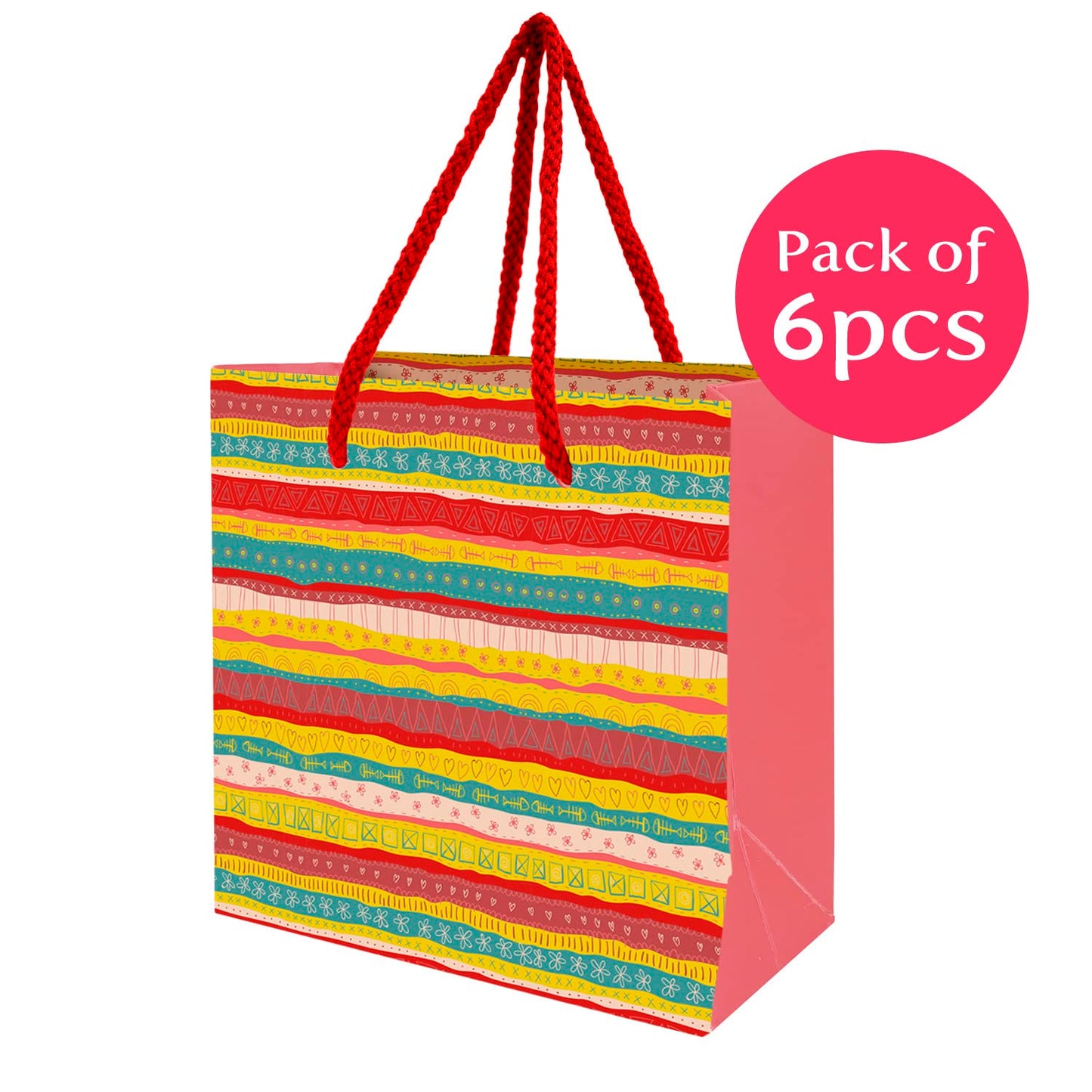 PaperPep Multicolor Festive Print 6"X6"X3" Gift Paper Bag Pack of 6 | Gift Bags for Return Gifts, Presents, Weddings, Birthday, Holiday Presents, Celebrations