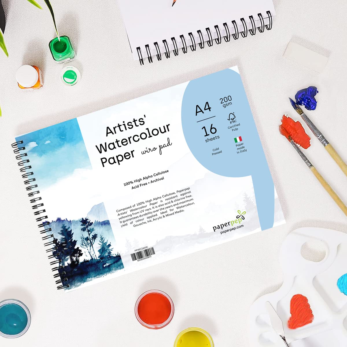 PaperPep Artists' Watercolour Wiro Pads 200GSM Cold Pressed A4 16 Sheets