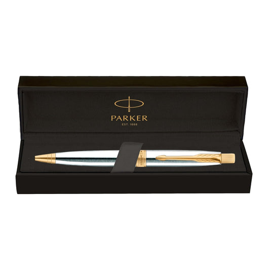 Parker Premium Aster Shiny Chrome Gold Trim Ball Pen, Blue Ink, Pack Of 1