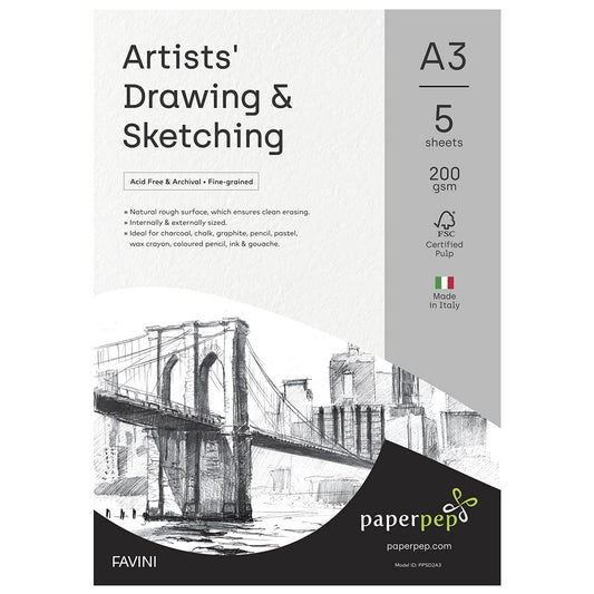 PaperPep Artists' Sketching & Drawing Paper 200GSM A3 Pack of 5+2 Free Sheets