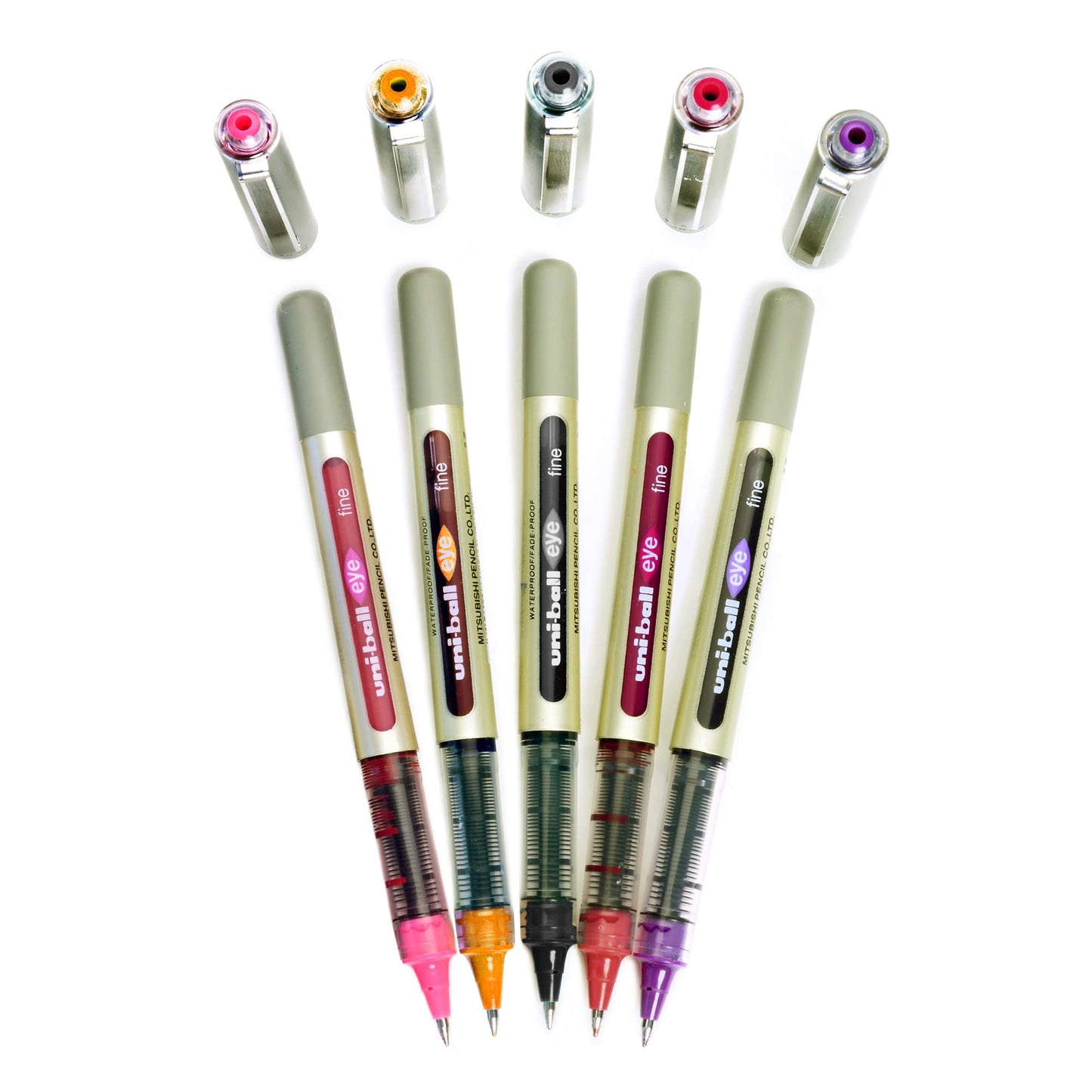 uni-ball Eye UB157 0.7mm Roller Ball Pen, Blue, Black, Red, Green & Pink Ink, Pack of 5