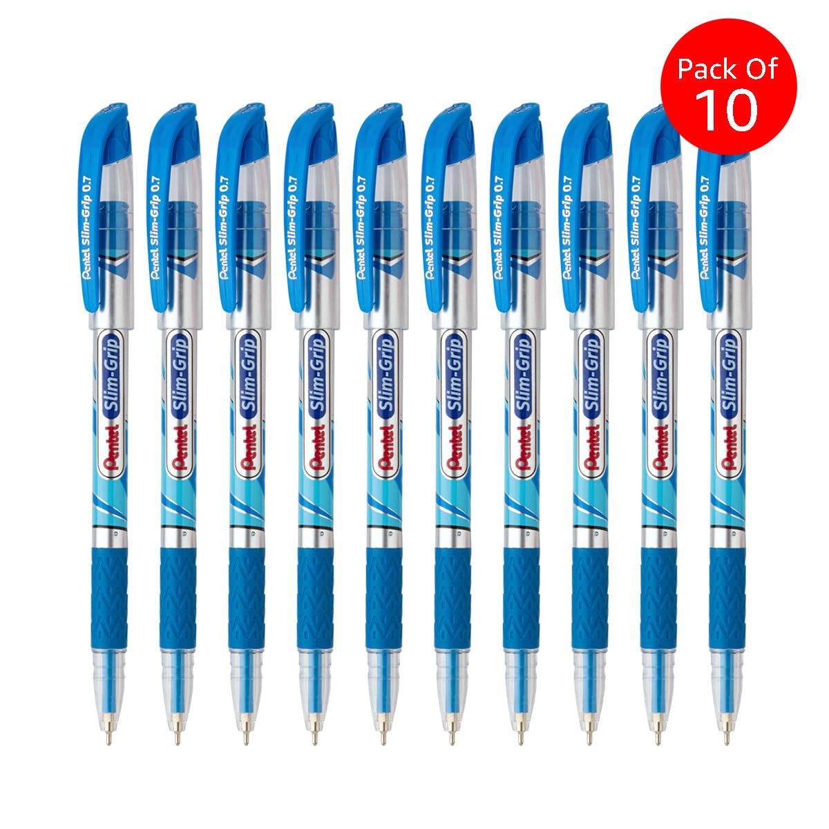 Pentel 0.7 mm Slim Grip Ball Pen, Blue Ink, Set of 10