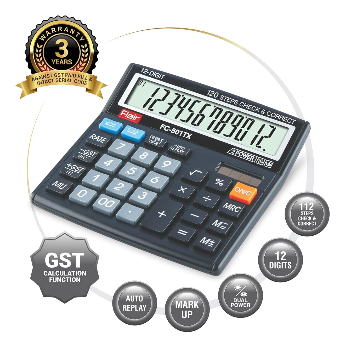 Flair FC-501 TX Desktop Calculator, Black, Pack of 1