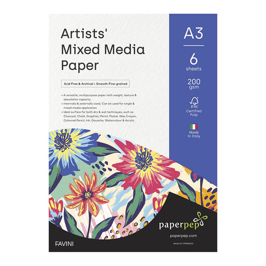 PaperPep Artists' Mixed Media Paper 200GSM A3 Pack of 6