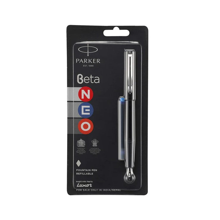 Parker Beta Neo Chrome Trim Fountain Pen, Black Body Color With 1 Ink Cartridge, Ink Color - Blue
