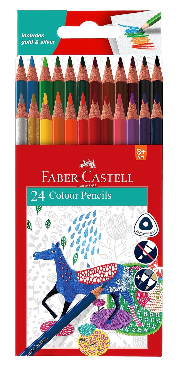 Faber-Castell Triangular Pre-Sharpened Water Soluble Colour Pencils, 24 Shades, Pack of 1